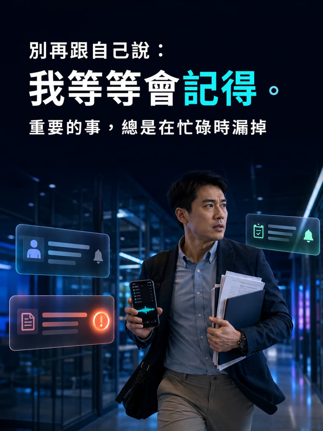 痛點:忙碌時最容易漏掉重要交辦 以忙碌工作者、文件與未完成通知,呈現主管交辦、客戶追蹤與報價回覆常因來不及記錄而被遺忘的情境。