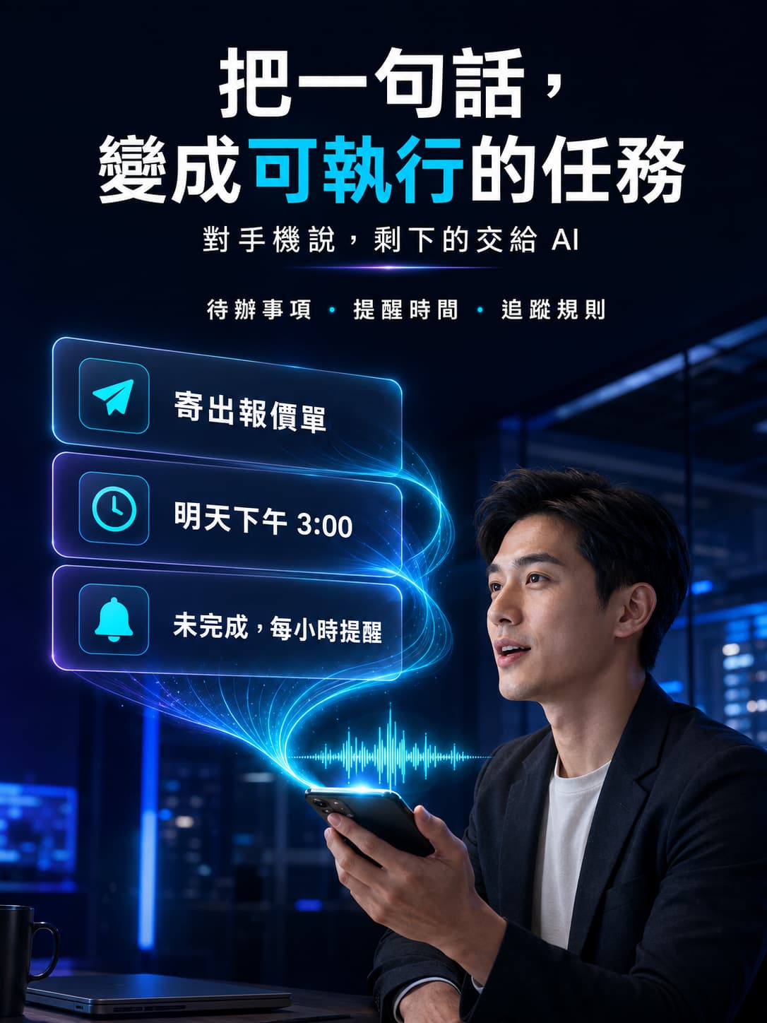 一句話變成可執行任務 使用者對手機說出交辦事項,AI 自動辨識待辦內容、提醒時間與未完成追蹤規則,將語音轉成清楚的任務卡。