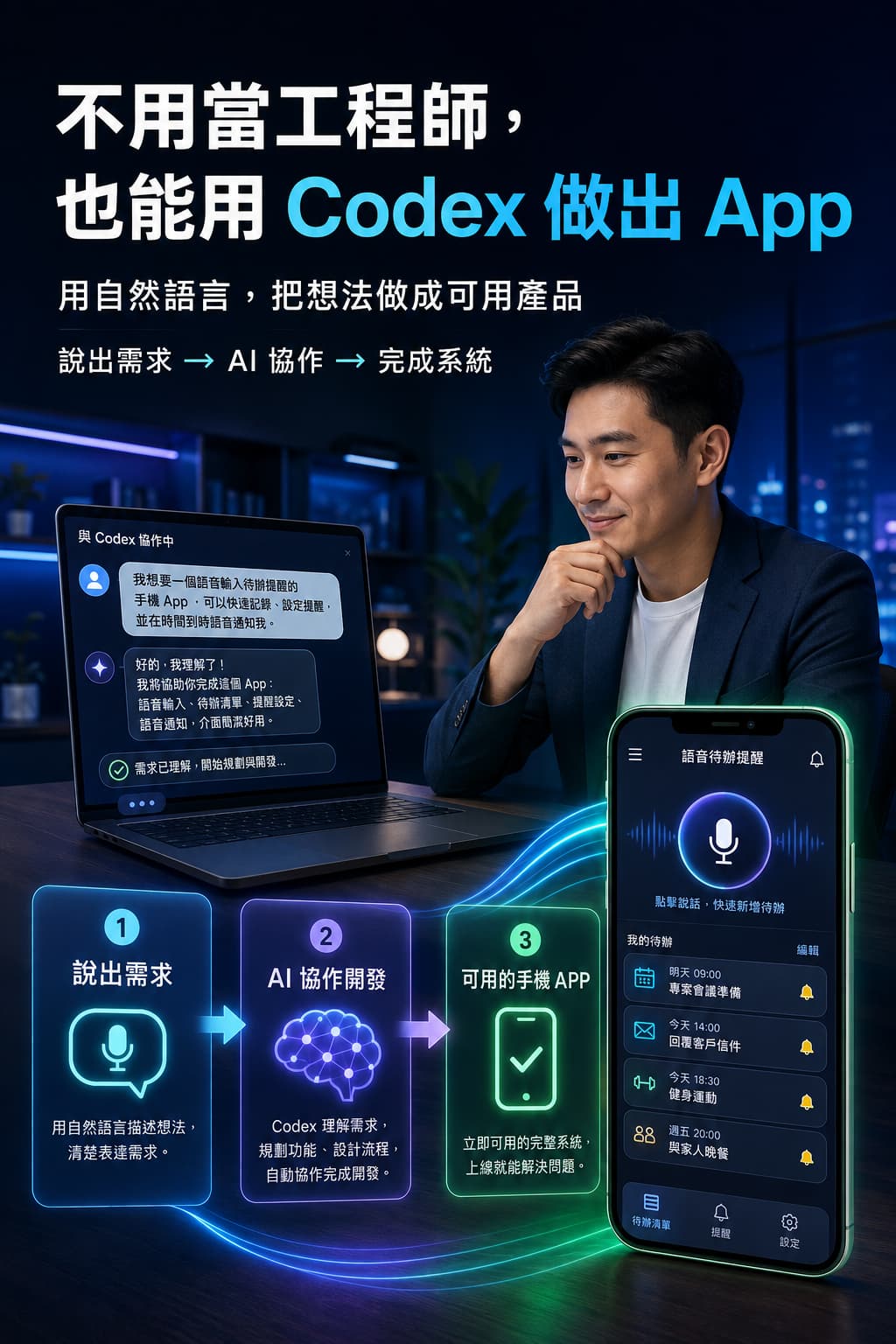 不用當工程師,也能用 Codex 做出 App 呈現學員以自然語言與 Codex 協作,從描述需求、規劃功能到完成可操作的手機 App,降低程式開發門檻。