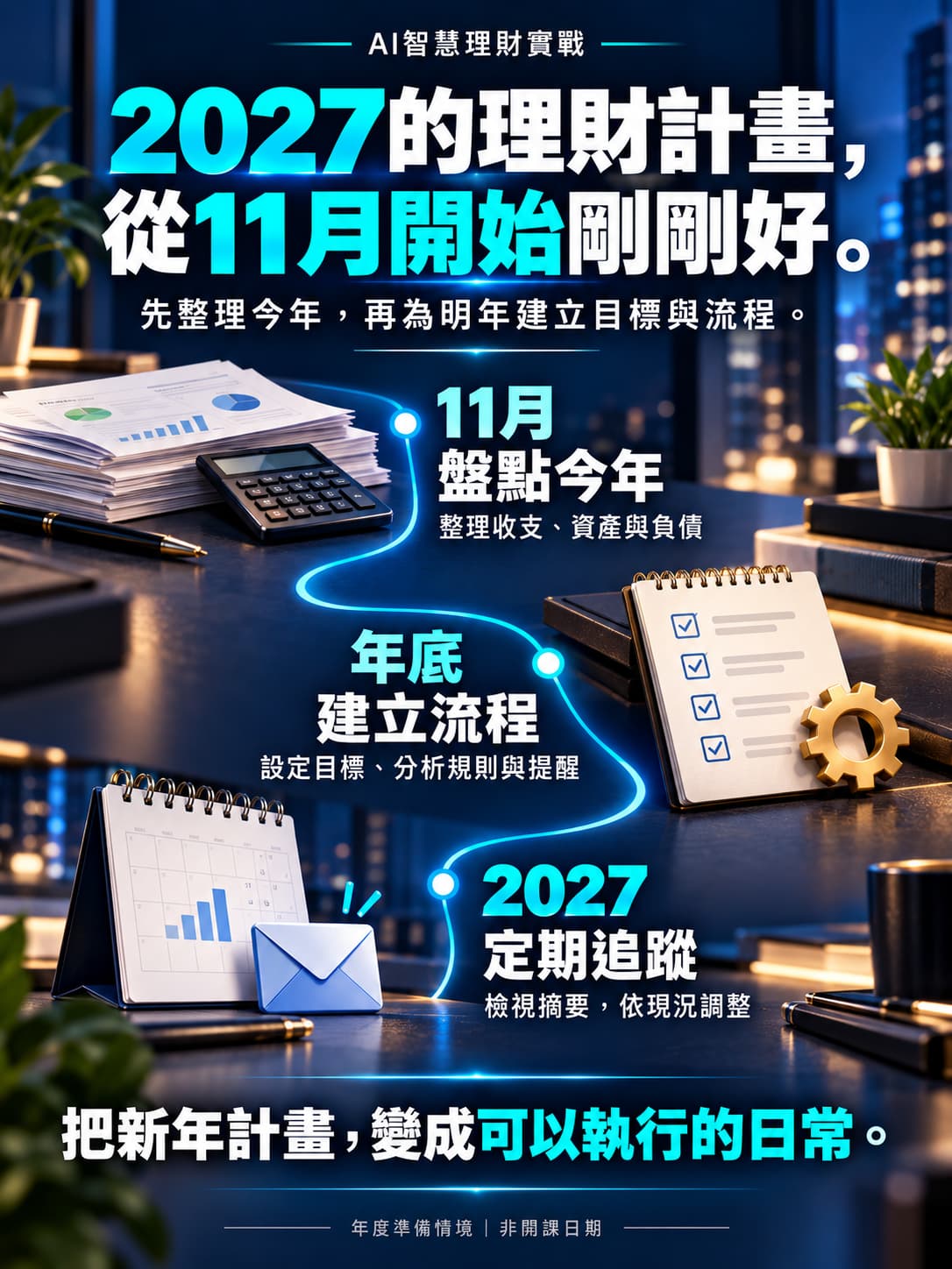 今年快過完了，你看清自己的財務了嗎？本圖從日常帳單與記帳困境切入，引導學員先整理今年的財務現況，再規劃2027。人物為情境示意。