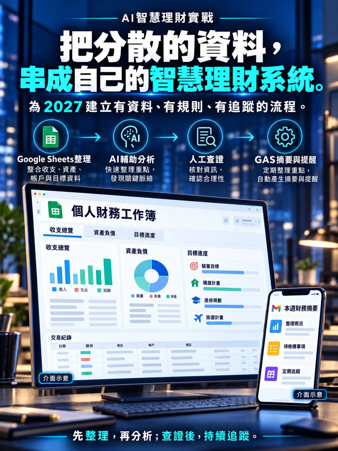 從11月整理收支、資產與負債，年底建立目標、分析規則與提醒，為2027的持續追蹤做好準備。圖中月份為年度準備情境，非開課日期。