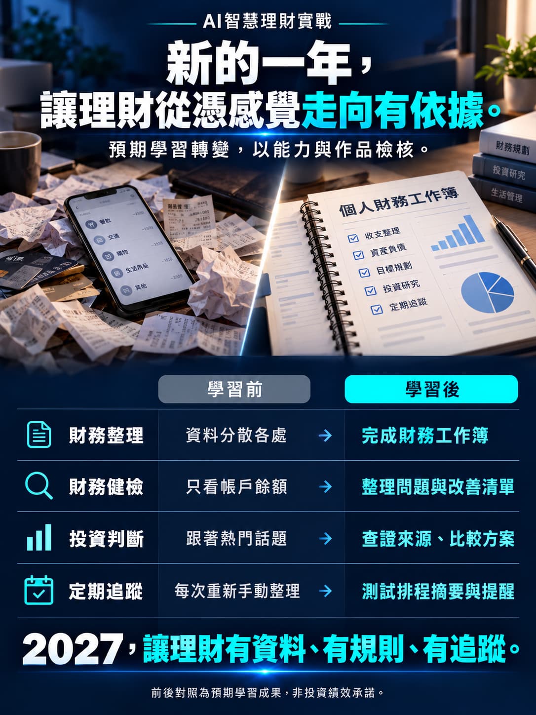 從資料分散、只看餘額與跟隨熱門話題，走向財務工作簿、改善清單、來源查證及排程提醒。前後對照為預期學習成果，非投資績效承諾。