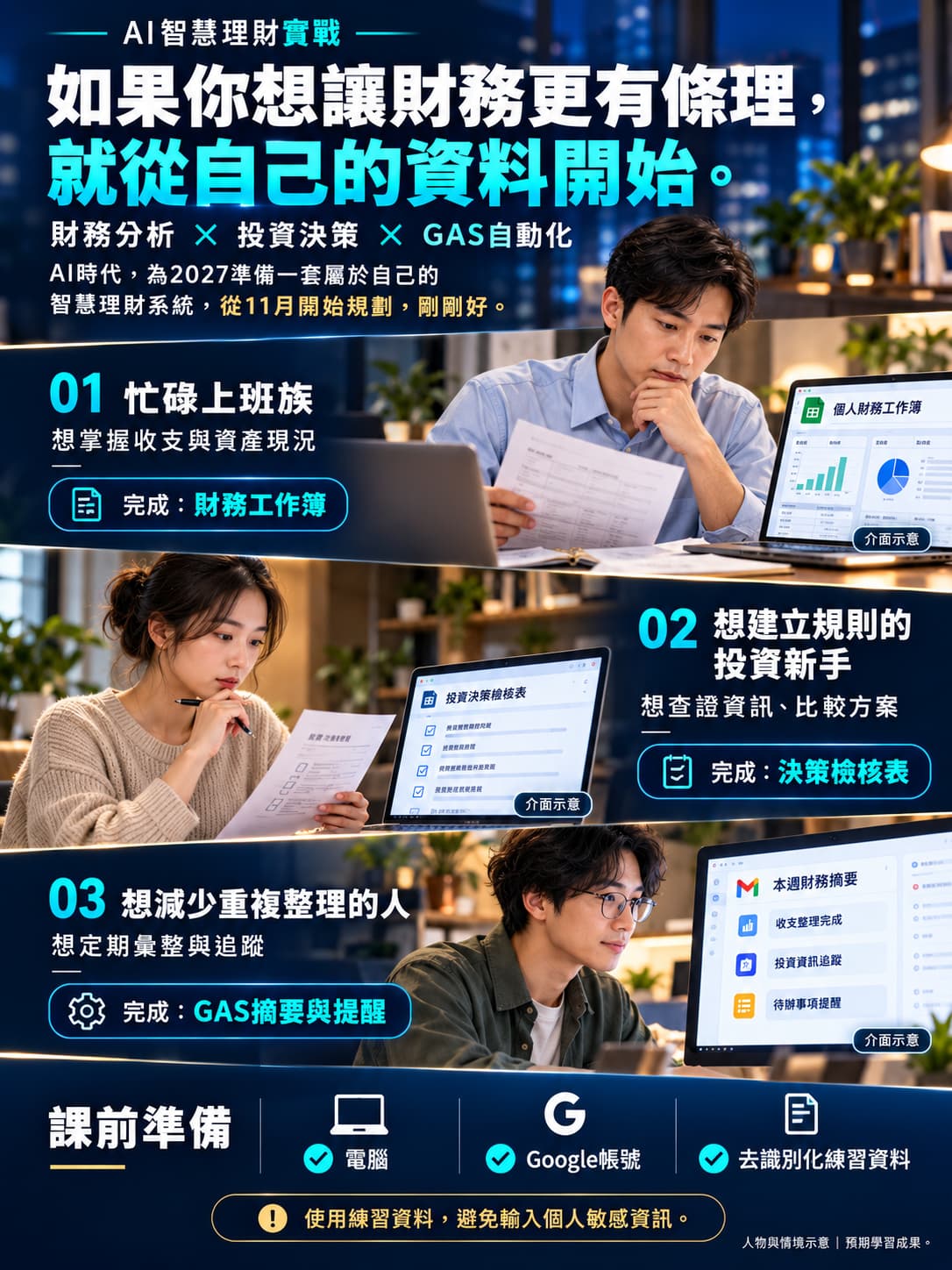 適合忙碌上班族、想建立規則的投資新手，以及希望減少重複整理的人。從練習資料開始，逐步完成工作簿、檢核表與提醒工具；人物及介面為示意。