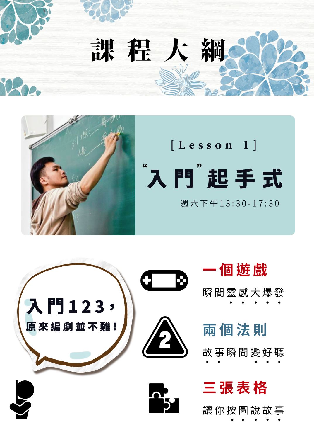 Lesson1 入門起手式 入門123，原來編劇並不難 一個遊戲，瞬間靈感大爆發 兩個法則，故事瞬間變好聽 三張表格，讓你按圖說故事 Lesson 2 &nbsp;入行實務學 入行321，變身編劇你也行 三種類型，廣告電影電視劇 兩種思路，架構故事思考術 一個原則，瞭解編劇生存法