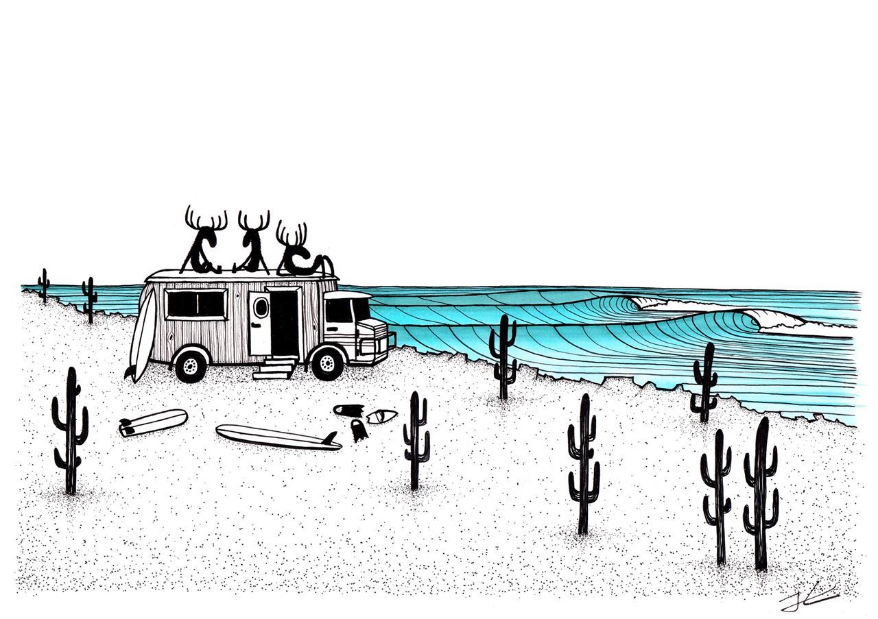 「From Where a Moose Rather Be」。麋鹿一直是Jonas最喜愛的角色。運用簡單線條呈現與三五好友一起的衝浪露營之旅。