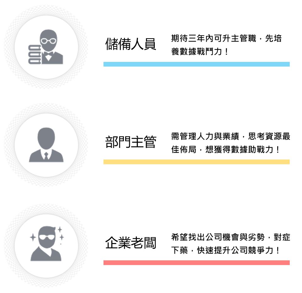 儲備人員：期待三年內可升主管職，先培養數據戰鬥力！ 部門主管：需管理人力與業績，思考資源最佳佈局，想獲得數據助戰力！ 企業老闆：希望找出公司機會與劣勢，對症下藥，快速提升公司競爭力！