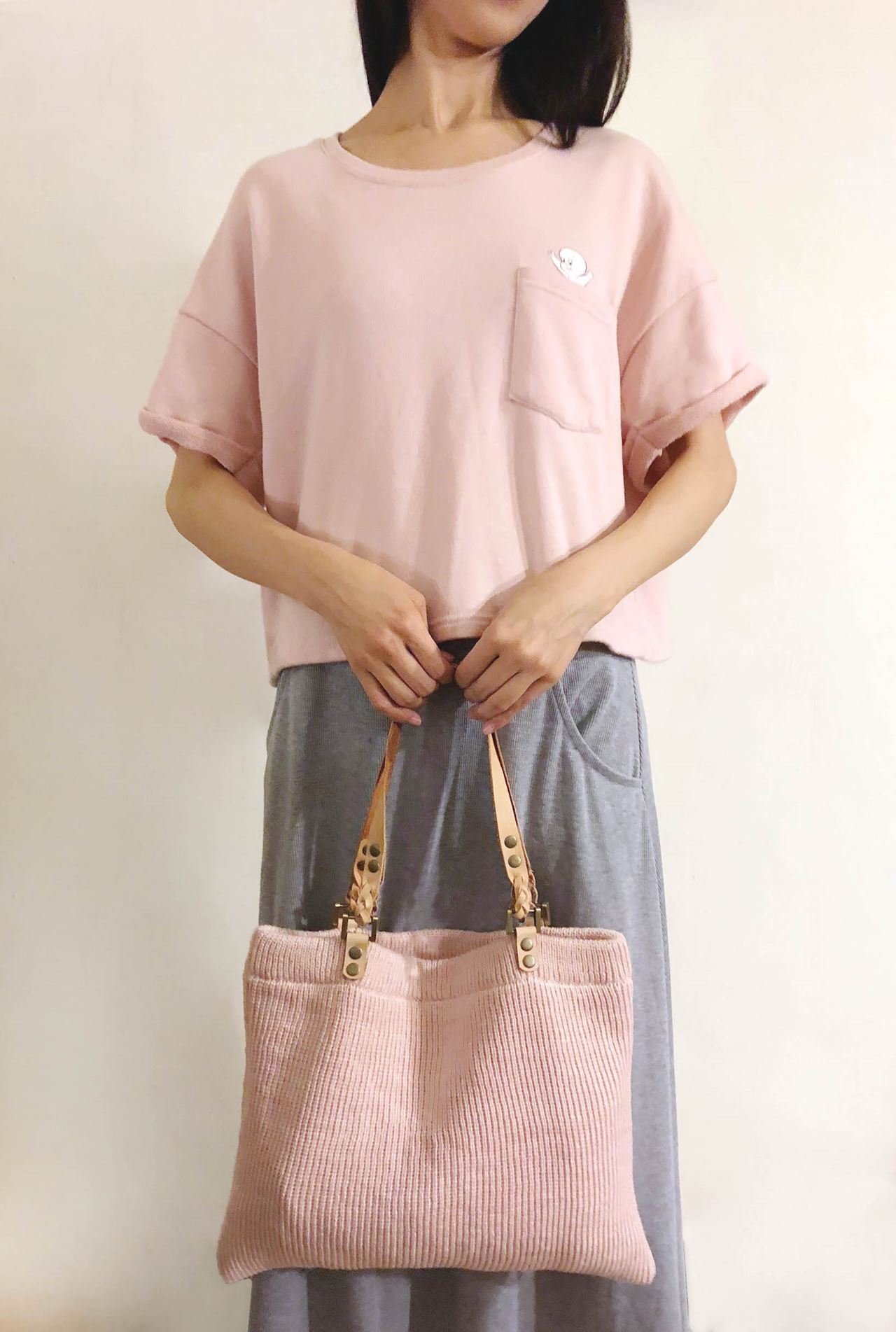 皮革針織側背包