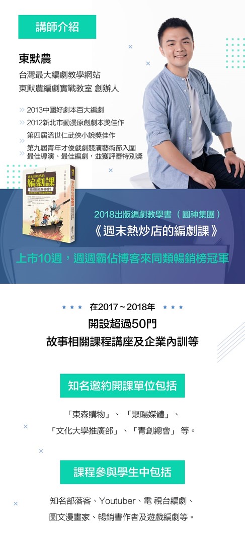 講師介紹  東默農  台灣最大編劇教學網站《東默農編劇實戰教室》創辦人 2013中國好劇本百大編劇 2012新北巿動漫原創劇本獎佳作 第四屆溫世仁武俠小說獎佳作 第九屆青年才俊戲劇競演藝術節入圍最佳導演、最佳編劇，並獲評審特別獎  2018出版編劇教學書《週末熱炒店編劇課》（圓神集團） 上市7週，週週霸佔博客來同類暢銷榜榜首！  學員人數 2000 + 編劇教學文章瀏覽人次 80萬+ Youtube編劇書導讀瀏覽分鐘數 22萬+  在2017-2018年開設超過50門故事相關課程、講座及企業內訓等，知名邀約開課單位包括「東森購物」、「聚暘媒體」、「文化大學推廣部」、「青創總會」等，課程參與學生中包括知名部落客、Youtuber、電視台編劇、圖文漫畫家、暢銷書作者及遊戲編劇等。