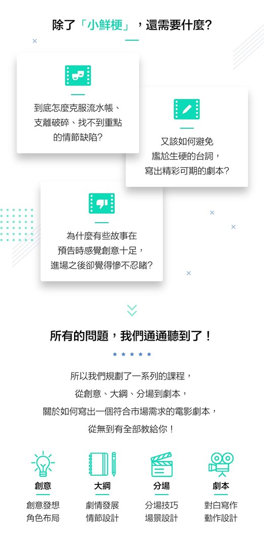 ・除了小鮮梗，還需要什麼？為什麼有些故事在預告時感覺創意十足，進場之後卻覺得慘不忍睹？到底怎麼克服流水帳、支離破碎、找不到重點的情節缺陷？又該如何避免尷尬生硬的台詞，寫出精彩可期的劇本？所有的問題，我們通通聽到了！  所以我們規劃了一系列的課程，從創意、大綱、分場到劇本，關於如何寫出一個符合市場需求的電影劇本，從無到有全部教給你！